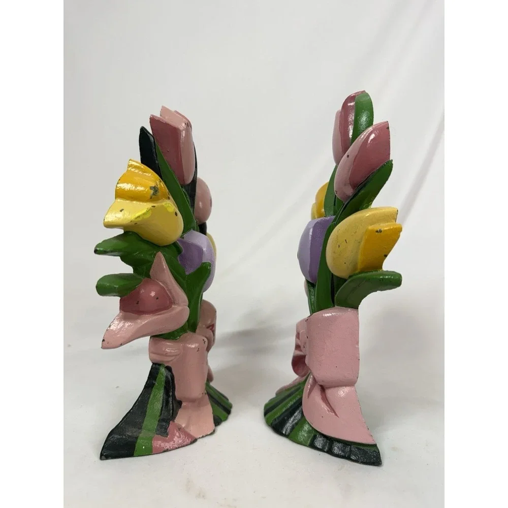 Of 2 Vintage Multicolored Tulips Cast Iron Doorstops Bookends MCM 10
